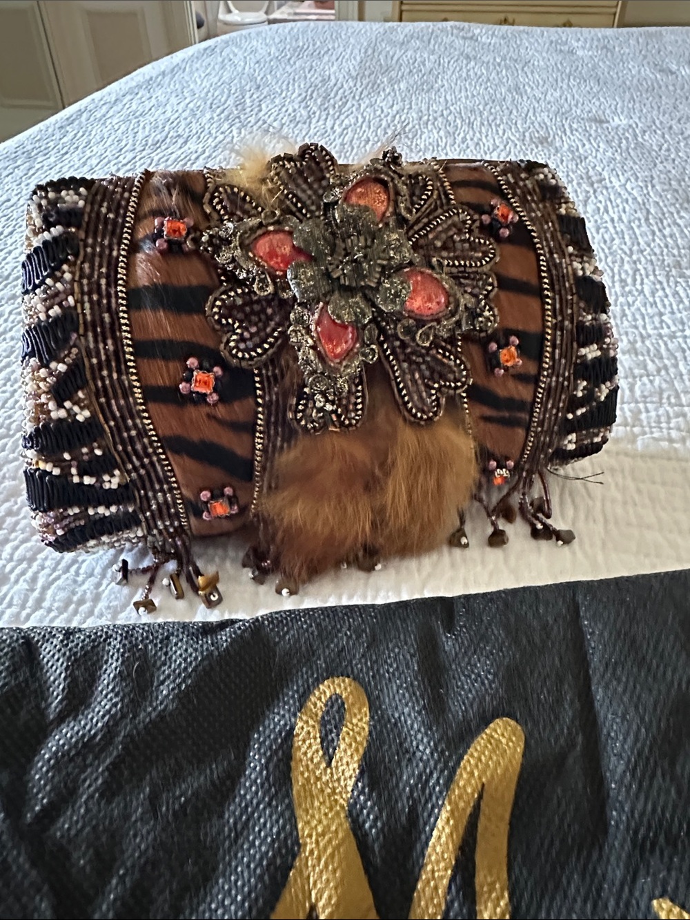 Mary Frances Tiger-Print Embellished Clutch in Brown and Coral - Picture 1 of 4